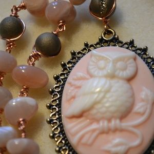 Moonstone and Rainbow Moonstone Owl Cameo Necklace